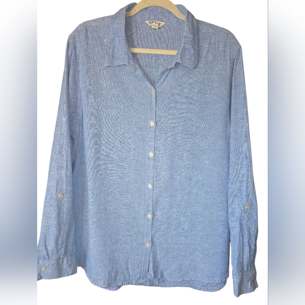 Orvis‎ Women's Size XL Light Blue Linen Blend Button Up Shirt Roll Tab Sleeves